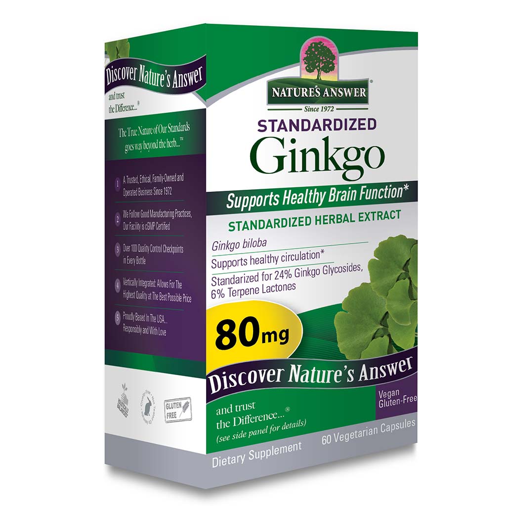 Nature's Answer Ginkgo Biloba 80mg Standardized Herbal Extract Vegan Capsules For Cognitive Support, Pack of 60's