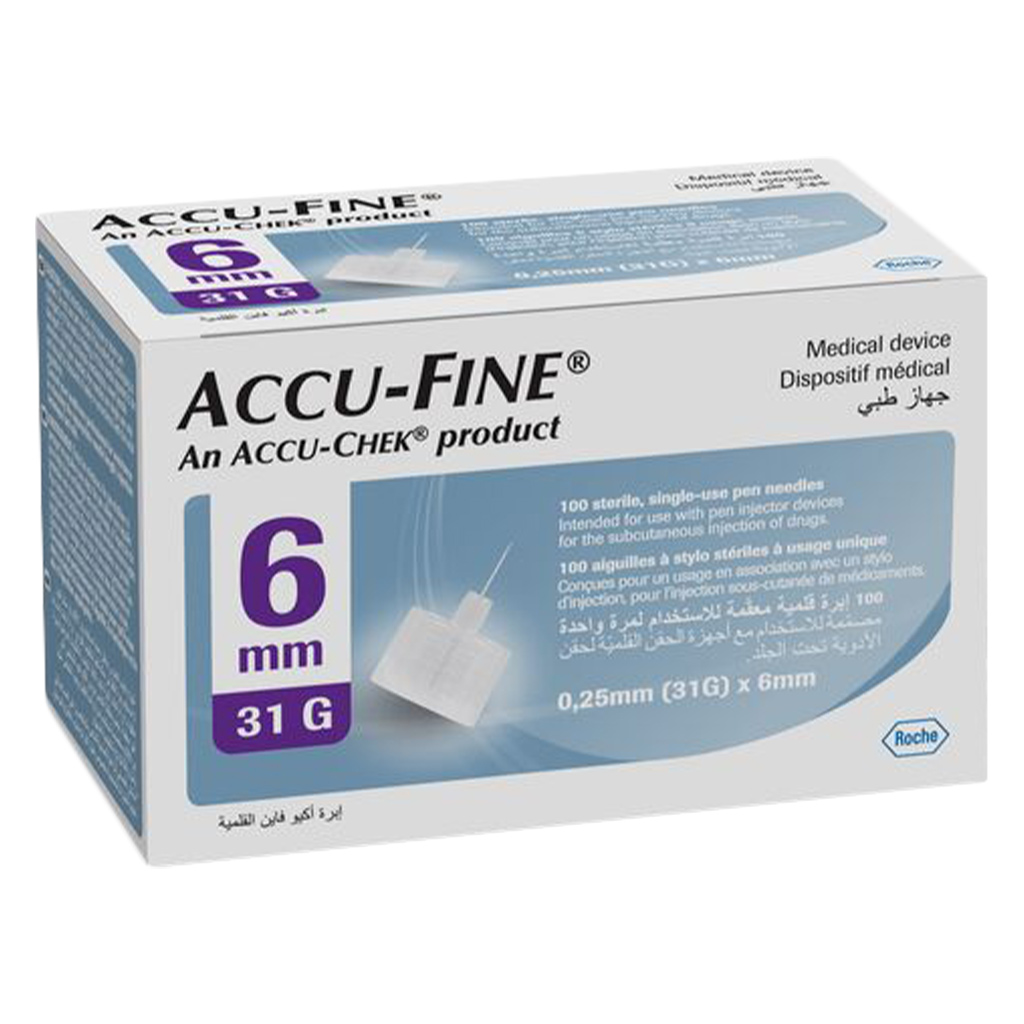 Accu-Fine Sterile Insulin Pen Needles For Diabetes & Painless Insulin Delivery 31 G x 6 mm, Pack of 100's