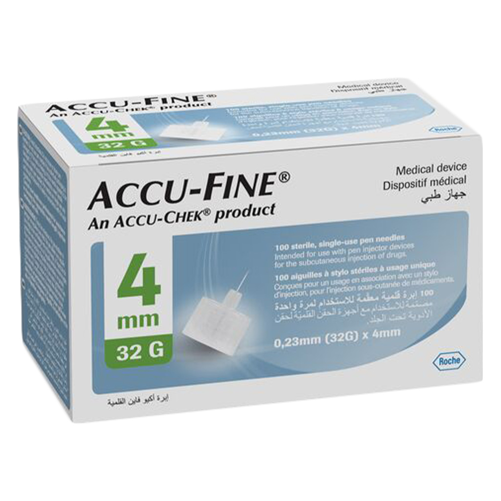 Accu-Fine Sterile Insulin Pen Needles For Diabetes & Painless Insulin Delivery 32 G x 4 mm, Pack of 100's